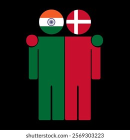 Flat illustration of two human figures with India and Denmark flags as heads. Minimalistic design, isolated background.