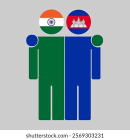 Flat illustration of two human figures with India and Cambodia flags as heads. Minimalistic design, isolated background.