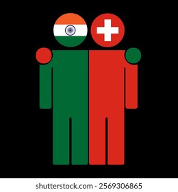 Flat illustration of two human figures with India and Switzerland flags as heads. Minimalistic design, isolated background.