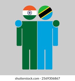 Flat illustration of two human figures with India and  flags as heads. Minimalistic design, isolated background.