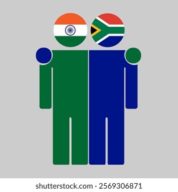 Flat illustration of two human figures with India and South Africa flags as heads. Minimalistic design, isolated background.