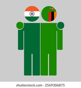 Flat illustration of two human figures with India and Zambia flags as heads. Minimalistic design, isolated background.