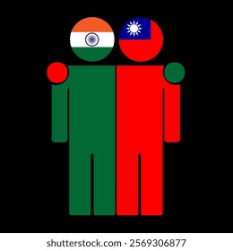 Flat illustration of two human figures with India and Taiwan flags as heads. Minimalistic design, isolated background.