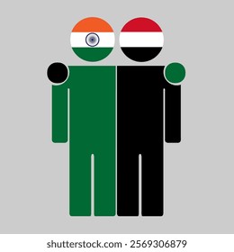 Flat illustration of two human figures with India and Yemen flags as heads. Minimalistic design, isolated background.