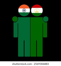 Flat illustration of two human figures with India and Tajikistan flags as heads. Minimalistic design, isolated background.