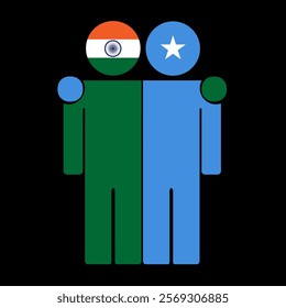 Flat illustration of two human figures with India and Somalia flags as heads. Minimalistic design, isolated background.