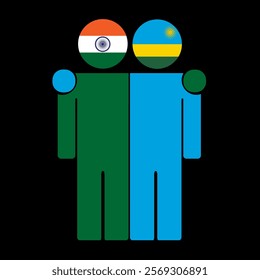 Flat illustration of two human figures with India and Rwanda flags as heads. Minimalistic design, isolated background.