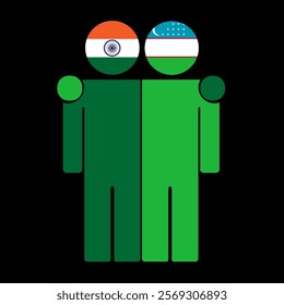 Flat illustration of two human figures with India and Uzbekistan flags as heads. Minimalistic design, isolated background.