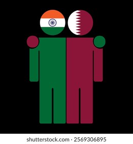 Flat illustration of two human figures with India and Qatar flags as heads. Minimalistic design, isolated background.