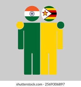 Flat illustration of two human figures with India and Zimbabwe flags as heads. Minimalistic design, isolated background.