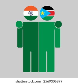 Flat illustration of two human figures with India and South Sudan flags as heads. Minimalistic design, isolated background.