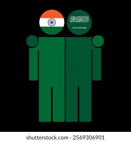 Flat illustration of two human figures with India and Saudi Arabia flags as heads. Minimalistic design, isolated background.