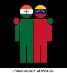 Flat illustration of two human figures with India and Venezuela flags as heads. Minimalistic design, isolated background.