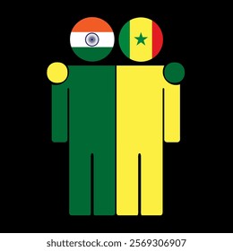 Flat illustration of two human figures with India and Senegal flags as heads. Minimalistic design, isolated background.