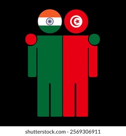 Flat illustration of two human figures with India and Tunisia flags as heads. Minimalistic design, isolated background.