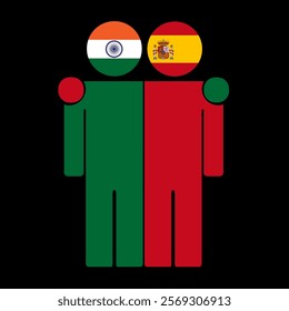 Flat illustration of two human figures with India and Spain flags as heads. Minimalistic design, isolated background.