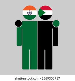 Flat illustration of two human figures with India and Sudan flags as heads. Minimalistic design, isolated background.