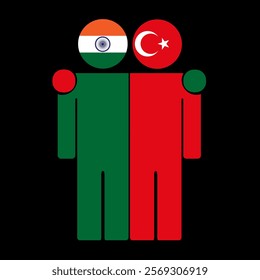 Flat illustration of two human figures with India and Turkey flags as heads. Minimalistic design, isolated background.