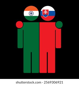 Flat illustration of two human figures with India and Slovakia flags as heads. Minimalistic design, isolated background.