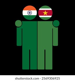 Flat illustration of two human figures with India and Suriname flags as heads. Minimalistic design, isolated background.