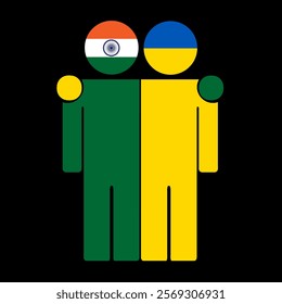 Flat illustration of two human figures with India and Ukraine flags as heads. Minimalistic design, isolated background.