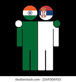 Flat illustration of two human figures with India and Serbia flags as heads. Minimalistic design, isolated background.