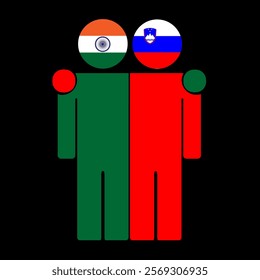 Flat illustration of two human figures with India and Slovenia flags as heads. Minimalistic design, isolated background.