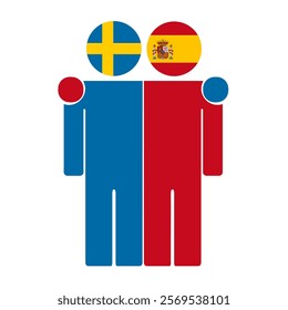 Flat illustration of two human figures with Sweden and Spain flags as heads. Minimalistic design, isolated background.
