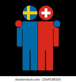 Flat illustration of two human figures with Sweden and Switzerland flags as heads. Minimalistic design, isolated background.
