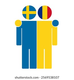 Flat illustration of two human figures with Sweden and Romania flags as heads. Minimalistic design, isolated background.
