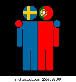 Flat illustration of two human figures with Sweden and Portugal flags as heads. Minimalistic design, isolated background.
