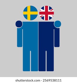 Flat illustration of two human figures with Sweden and UK flags as heads. Minimalistic design, isolated background.
