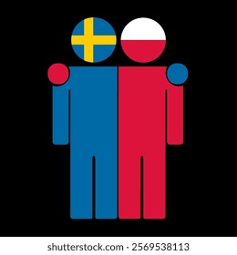 Flat illustration of two human figures with Sweden and Poland flags as heads. Minimalistic design, isolated background.
