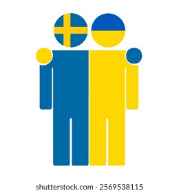 Flat illustration of two human figures with Sweden and Ukraine flags as heads. Minimalistic design, isolated background.
