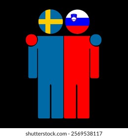 Flat illustration of two human figures with Sweden and Slovenia flags as heads. Minimalistic design, isolated background.
