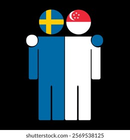 Flat illustration of two human figures with Sweden and Singapore flags as heads. Minimalistic design, isolated background.
