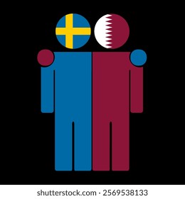 Flat illustration of two human figures with Sweden and Qatar flags as heads. Minimalistic design, isolated background.
