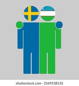 Flat illustration of two human figures with Sweden and Uzbekistan flags as heads. Minimalistic design, isolated background.
