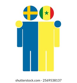 Flat illustration of two human figures with Sweden and Senegal flags as heads. Minimalistic design, isolated background.
