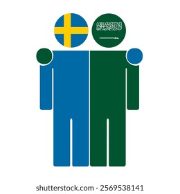 Flat illustration of two human figures with Sweden and Saudi Arabia flags as heads. Minimalistic design, isolated background.
