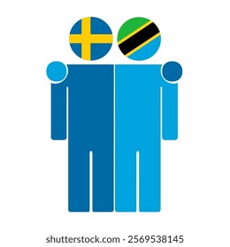 Flat illustration of two human figures with Sweden and Tanzania flags as heads. Minimalistic design, isolated background.
