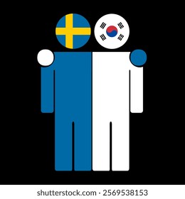 Flat illustration of two human figures with Sweden and South Korea flags as heads. Minimalistic design, isolated background.
