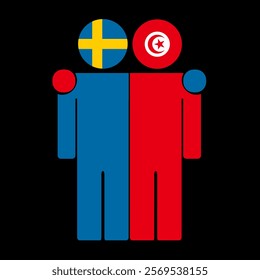 Flat illustration of two human figures with Sweden and Tunisia flags as heads. Minimalistic design, isolated background.
