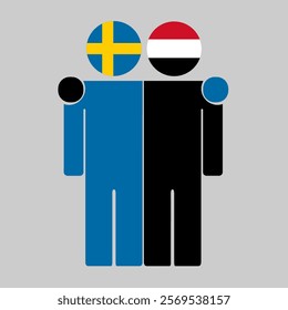 Flat illustration of two human figures with Sweden and Yemen flags as heads. Minimalistic design, isolated background.
