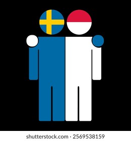 Flat illustration of two human figures with Sweden and Indonesia flags as heads. Minimalistic design, isolated background.
