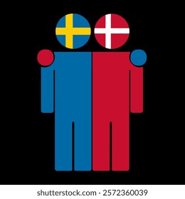 Flat illustration of two human figures with Sweden and Denmark flags as heads. Minimalistic design, isolated background.