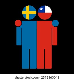 Flat illustration of two human figures with Sweden and Chile flags as heads. Minimalistic design, isolated background.