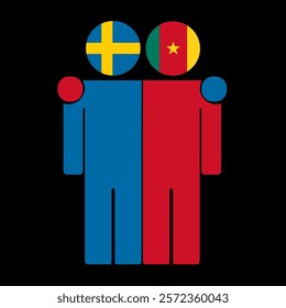 Flat illustration of two human figures with Sweden and Cameroon flags as heads. Minimalistic design, isolated background.