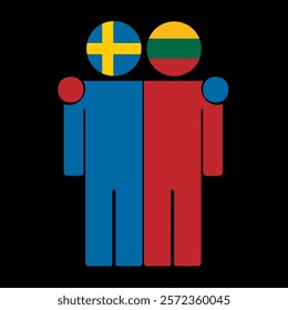 Flat illustration of two human figures with Sweden and Lithuania flags as heads. Minimalistic design, isolated background.