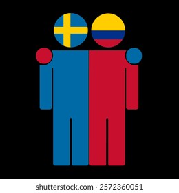 Flat illustration of two human figures with Sweden and Colombia flags as heads. Minimalistic design, isolated background.